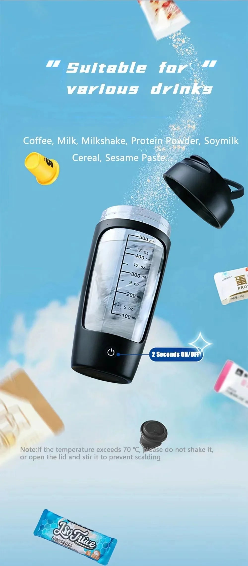 Electric Protein Shaker Bottle Portable 1200mAh Rechargeable Blender Cup Automatic Self Stirring Mug 650ml Mixing Cups for Fitne