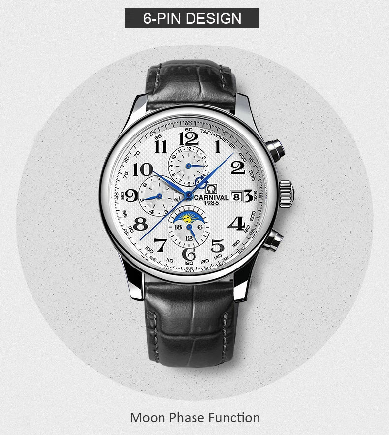 CARNIVAL Moon Phase Date Men's Watches Luxury Brand Automatic Mechanical Watch Men Business Leather Clock Reloj Hombre