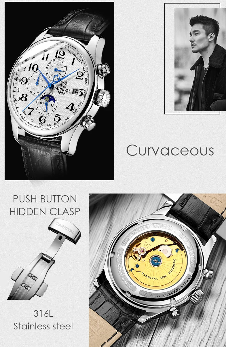 CARNIVAL Moon Phase Date Men's Watches Luxury Brand Automatic Mechanical Watch Men Business Leather Clock Reloj Hombre