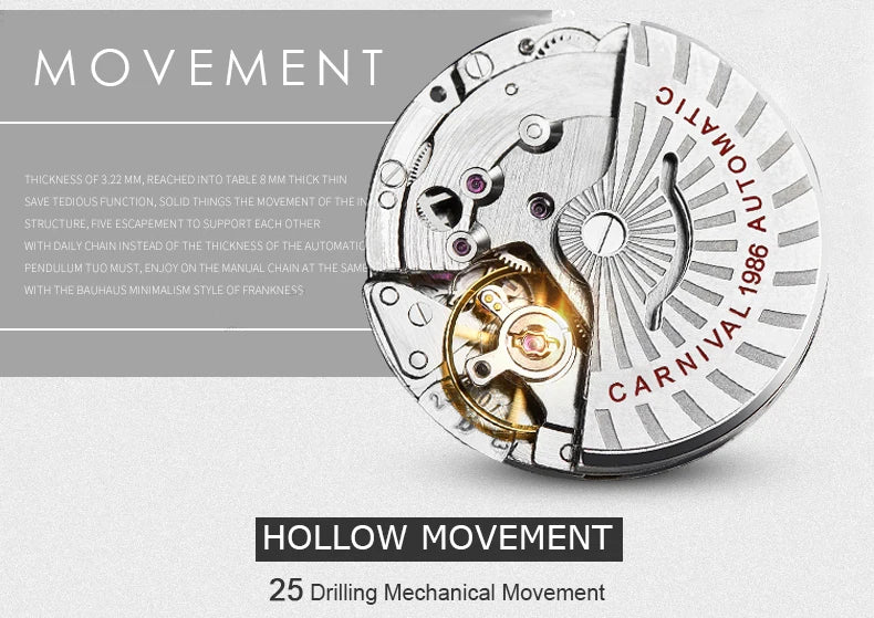 CARNIVAL Moon Phase Date Men's Watches Luxury Brand Automatic Mechanical Watch Men Business Leather Clock Reloj Hombre