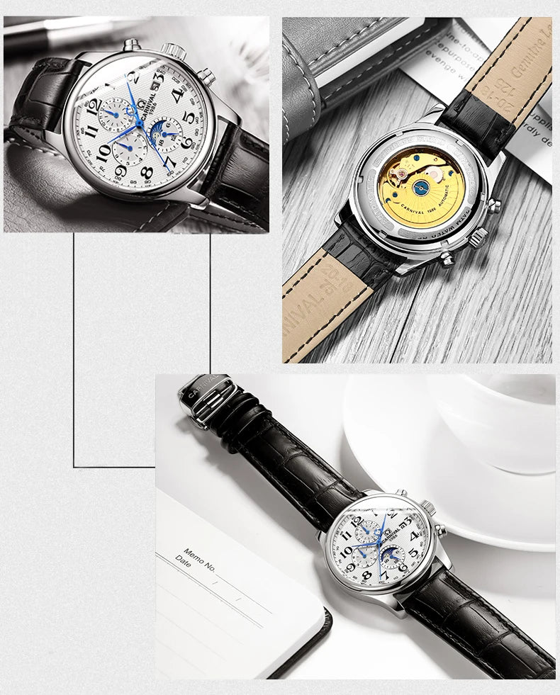 CARNIVAL Moon Phase Date Men's Watches Luxury Brand Automatic Mechanical Watch Men Business Leather Clock Reloj Hombre