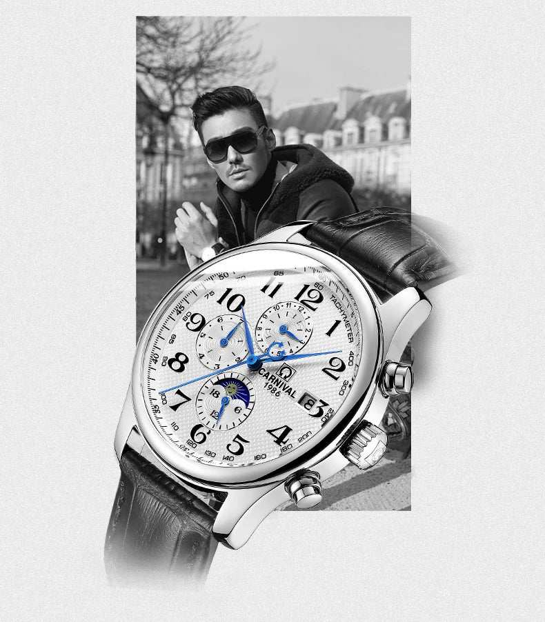 CARNIVAL Moon Phase Date Men's Watches Luxury Brand Automatic Mechanical Watch Men Business Leather Clock Reloj Hombre