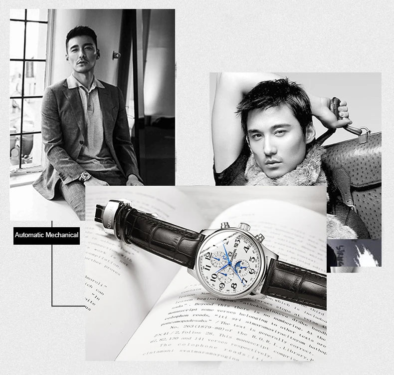 CARNIVAL Moon Phase Date Men's Watches Luxury Brand Automatic Mechanical Watch Men Business Leather Clock Reloj Hombre