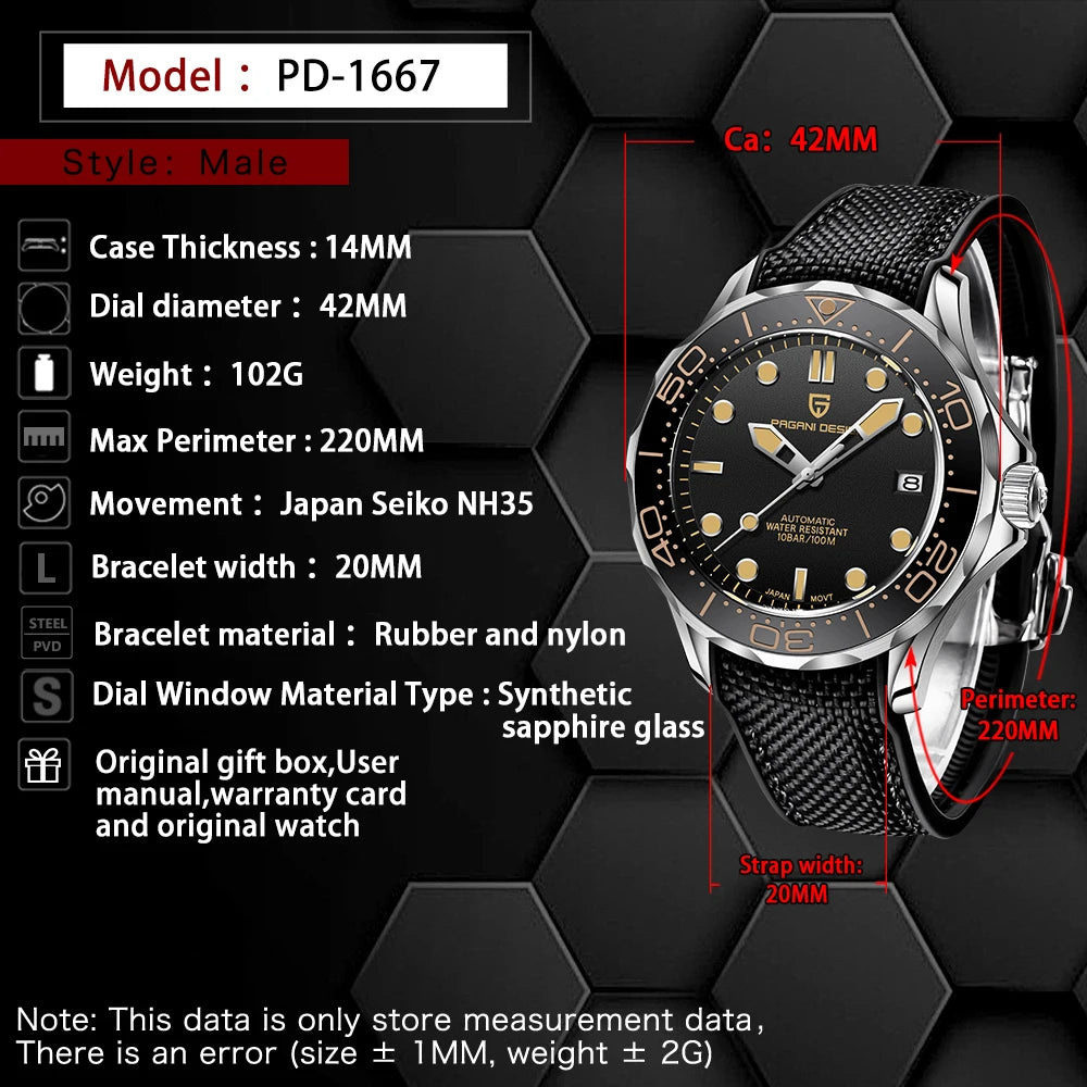 PAGANI DESIGN Luxury Brand Men's Automatic Watches Top 007 Commander Men Mechanical Wristwatch Japan NH35A Stainless Steel 1667