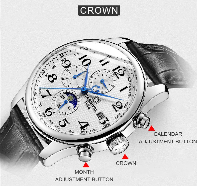 CARNIVAL Moon Phase Date Men's Watches Luxury Brand Automatic Mechanical Watch Men Business Leather Clock Reloj Hombre