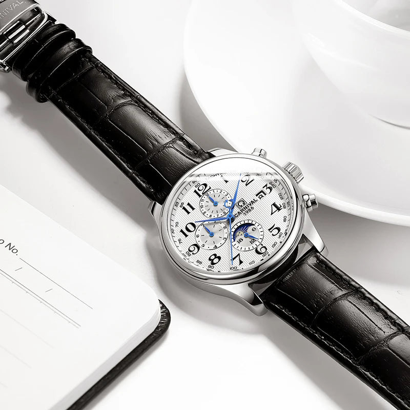 CARNIVAL Moon Phase Date Men's Watches Luxury Brand Automatic Mechanical Watch Men Business Leather Clock Reloj Hombre