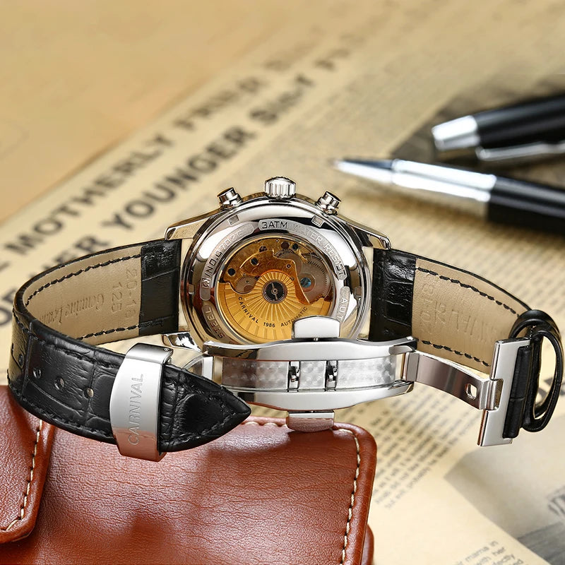 CARNIVAL Moon Phase Date Men's Watches Luxury Brand Automatic Mechanical Watch Men Business Leather Clock Reloj Hombre