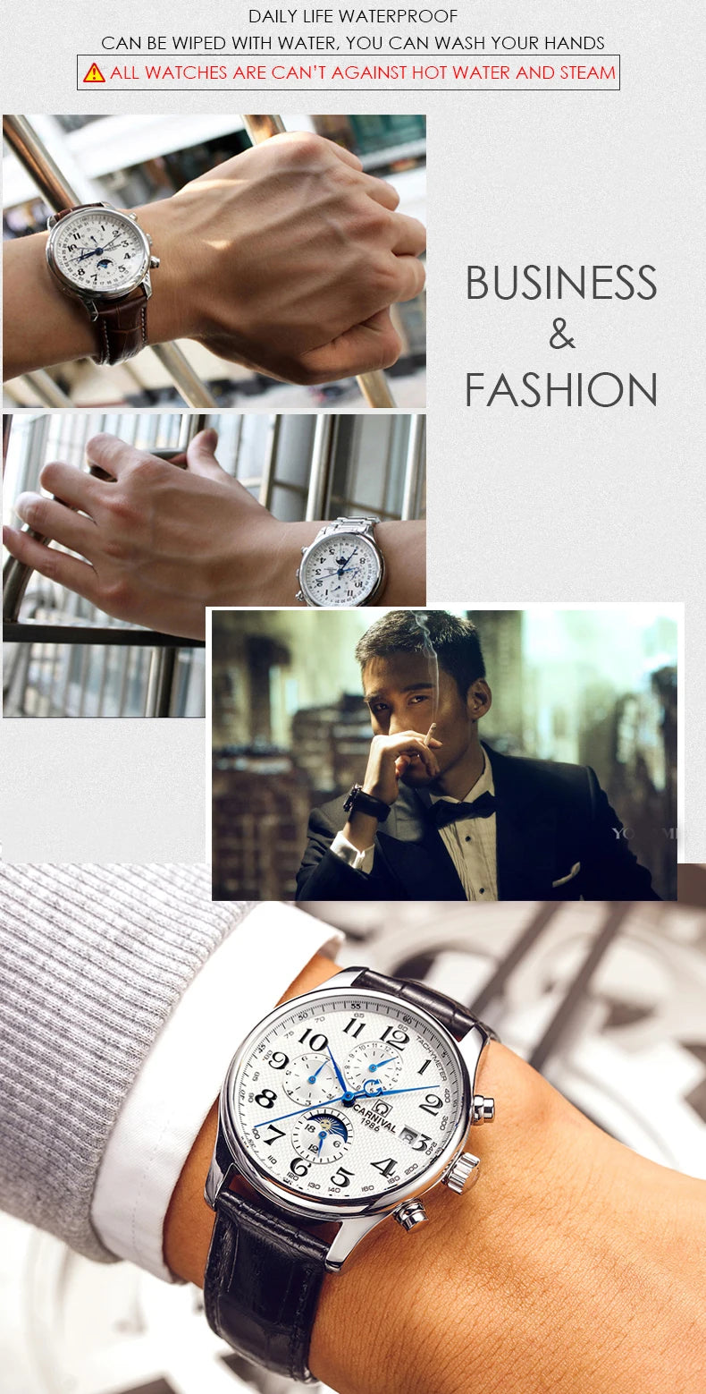 CARNIVAL Moon Phase Date Men's Watches Luxury Brand Automatic Mechanical Watch Men Business Leather Clock Reloj Hombre