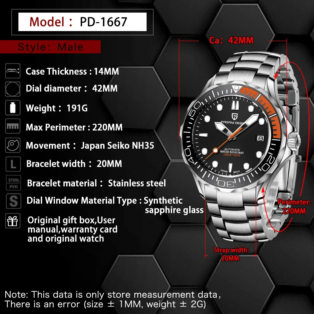 PAGANI DESIGN Luxury Brand Men's Automatic Watches Top 007 Commander Men Mechanical Wristwatch Japan NH35A Stainless Steel 1667