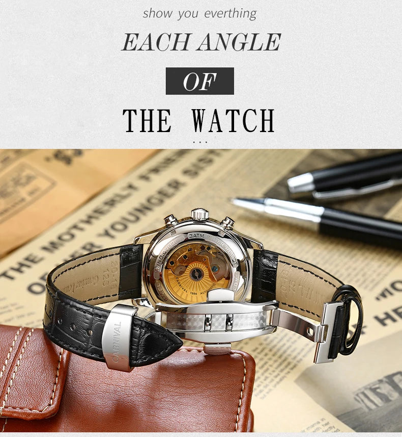 CARNIVAL Moon Phase Date Men's Watches Luxury Brand Automatic Mechanical Watch Men Business Leather Clock Reloj Hombre