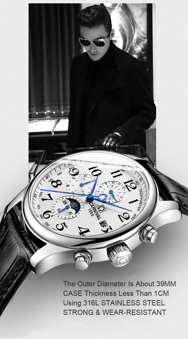 CARNIVAL Moon Phase Date Men's Watches Luxury Brand Automatic Mechanical Watch Men Business Leather Clock Reloj Hombre