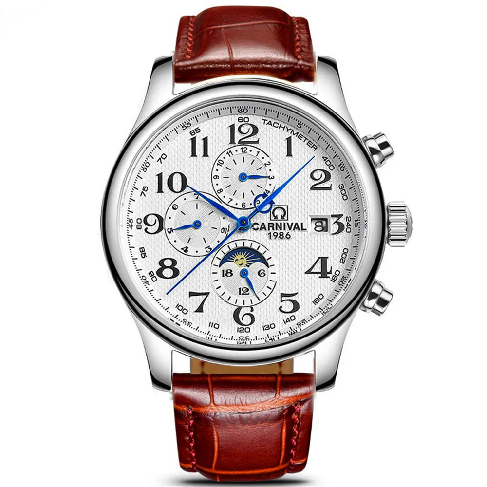 CARNIVAL Moon Phase Date Men's Watches Luxury Brand Automatic Mechanical Watch Men Business Leather Clock Reloj Hombre
