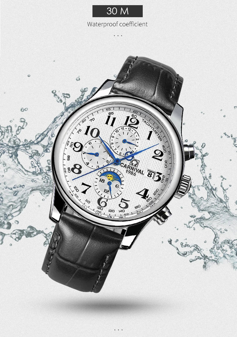 CARNIVAL Moon Phase Date Men's Watches Luxury Brand Automatic Mechanical Watch Men Business Leather Clock Reloj Hombre