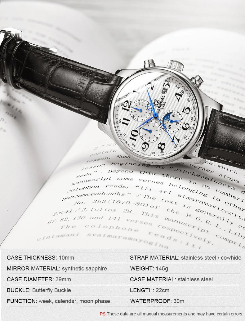 CARNIVAL Moon Phase Date Men's Watches Luxury Brand Automatic Mechanical Watch Men Business Leather Clock Reloj Hombre