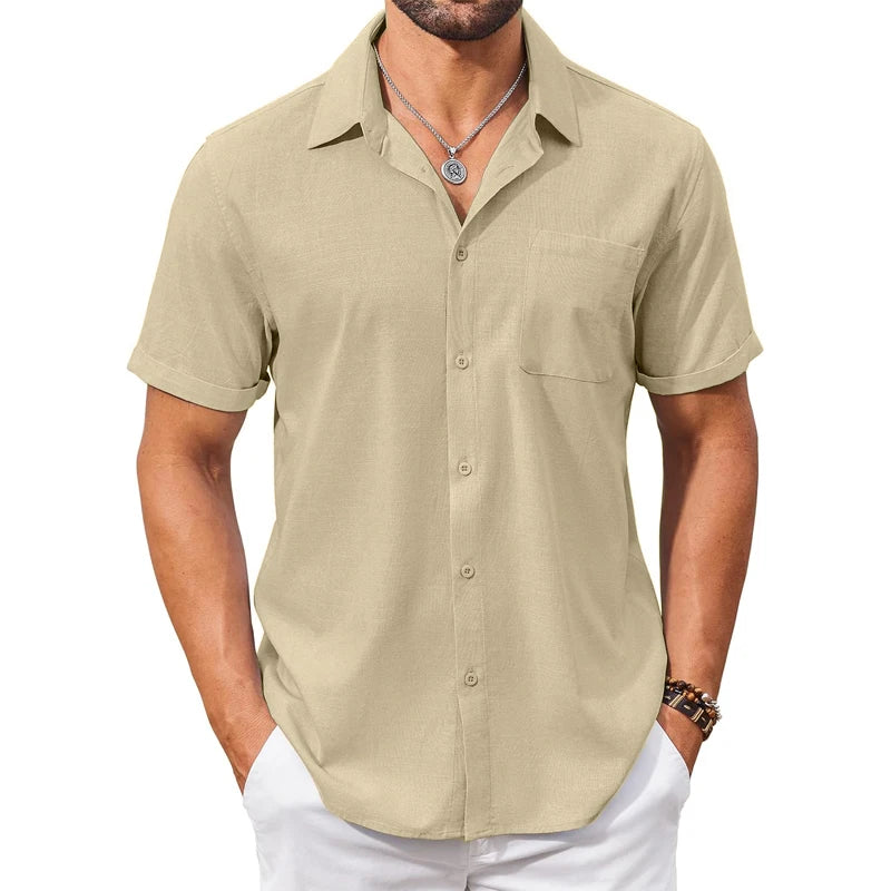 Summer Men's Cotton Short Sleeve Shirt Vintage Casual Beach T-shirt Breathable Oversize Streetwear Collar Tshirts with Pocket