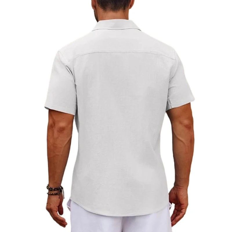 Summer Men's Cotton Short Sleeve Shirt Vintage Casual Beach T-shirt Breathable Oversize Streetwear Collar Tshirts with Pocket