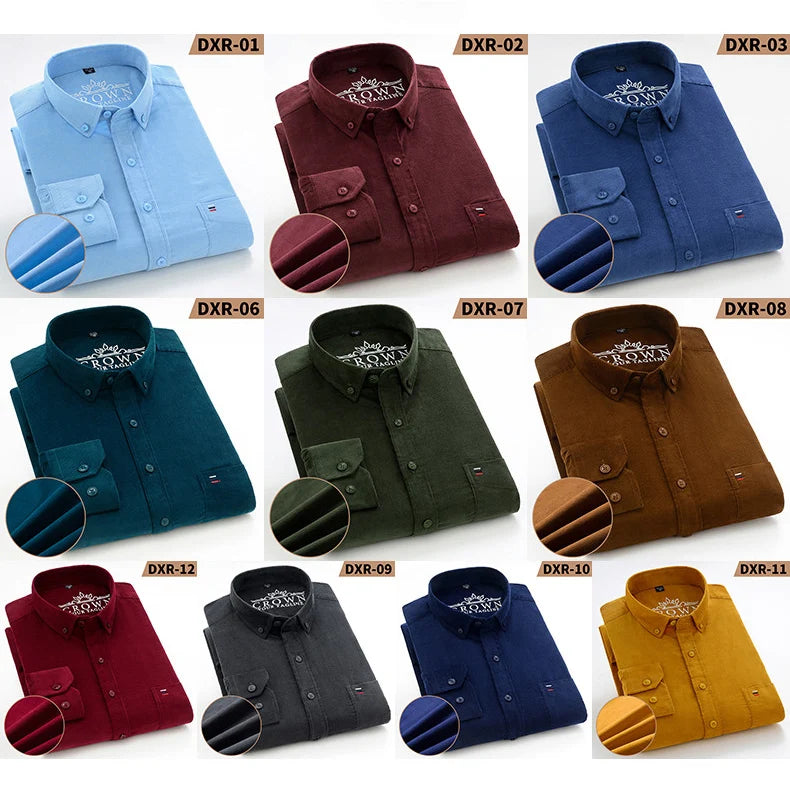 Autumn Winter Men Long Sleeve Regular Fit Business    Solid Corduroy100%  Cotton Casual Shirt for Mens Office Shirts with Pocket