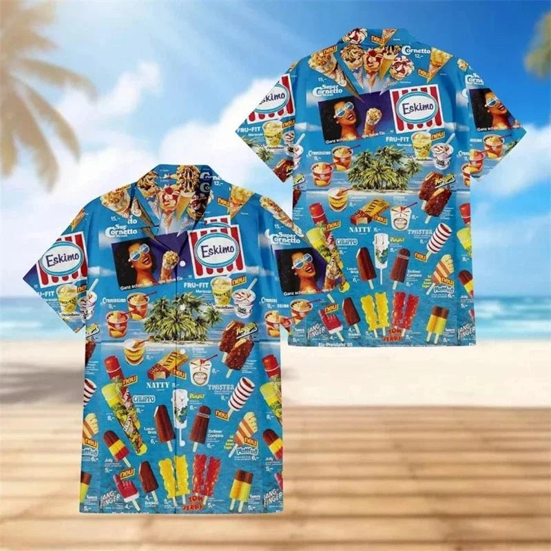 Cold Ice Cream Graphic Hawaiian Shirt For Men 3D Printed Popsicle Aloha Shirts Summer Short Sleeve Beach Lapel Blouse Tops