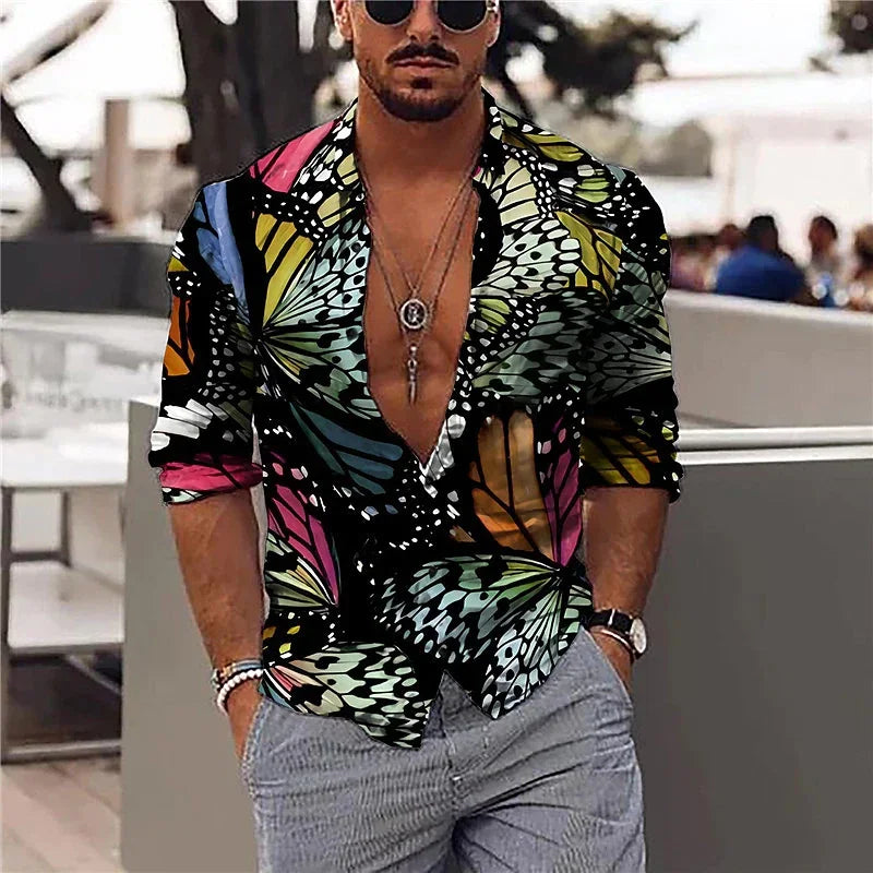 2023 New Men's Shirt Colorful Butterfly Parrot Print Short Sleeve Shirt Casual Men's Top Lapel Cardigan Shirt