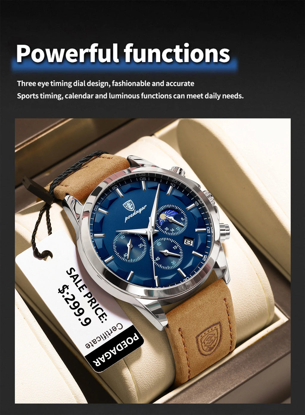 POEDAGAR Fashion Original Men's Watches Leather Date Chronograph Quartz Watch for Man Waterproof Luminous Casual New Trend Watch