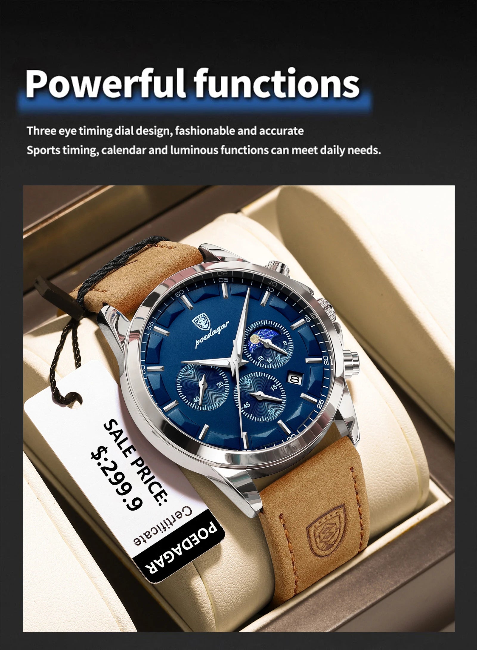 POEDAGAR Fashion Original Men's Watches Leather Date Chronograph Quartz Watch for Man Waterproof Luminous Casual New Trend Watch