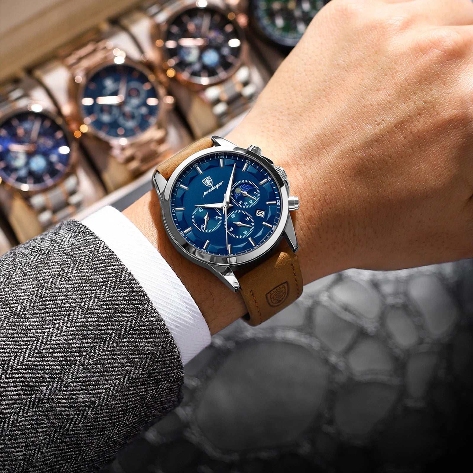 POEDAGAR Fashion Original Men's Watches Leather Date Chronograph Quartz Watch for Man Waterproof Luminous Casual New Trend Watch
