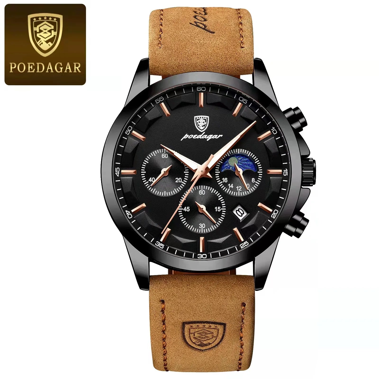 POEDAGAR Fashion Original Men's Watches Leather Date Chronograph Quartz Watch for Man Waterproof Luminous Casual New Trend Watch