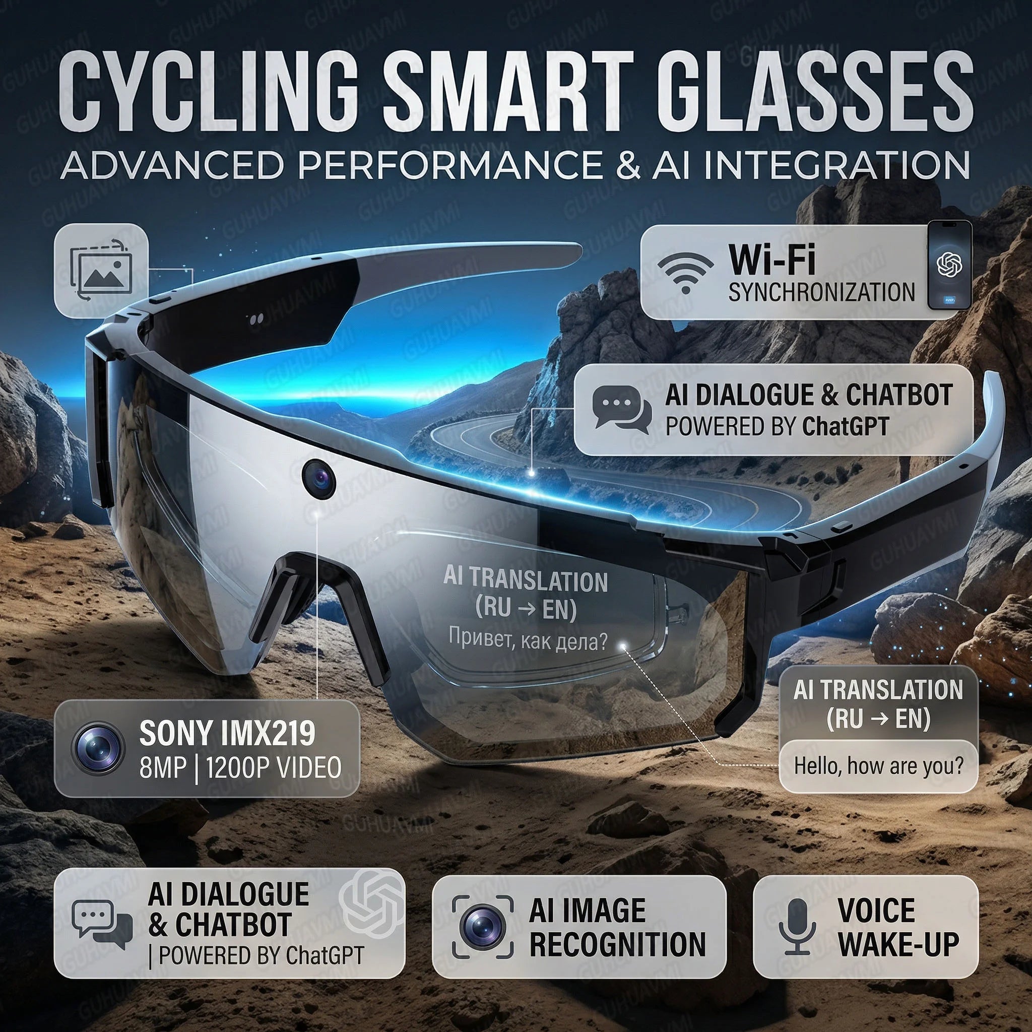 1200P Video Recording Smart Glasses AI Voice Control Translation Bluetooth Sunglasses Polarized Anti-Shake Outdoor Sport Eyewear