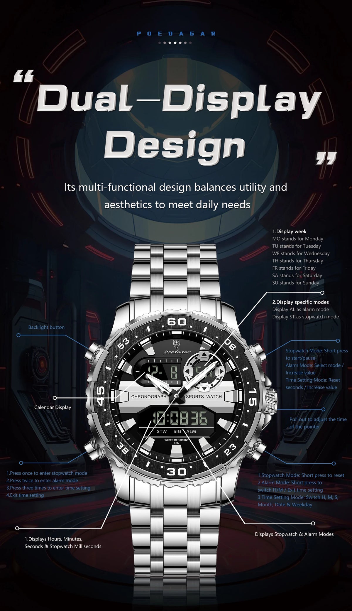 POEDAGAR Military Man Watch Week Date LED Luminous Sports Men Watch Dual Time Digital Electronic Men&
