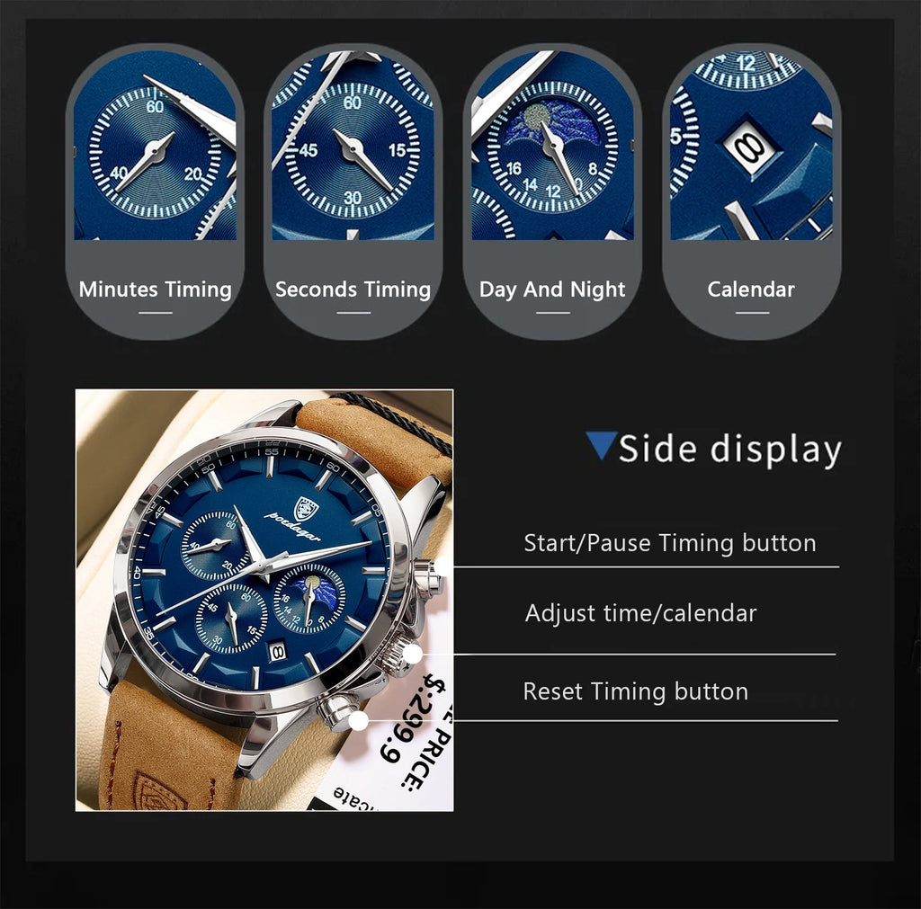 POEDAGAR Fashion Original Men's Watches Leather Date Chronograph Quartz Watch for Man Waterproof Luminous Casual New Trend Watch
