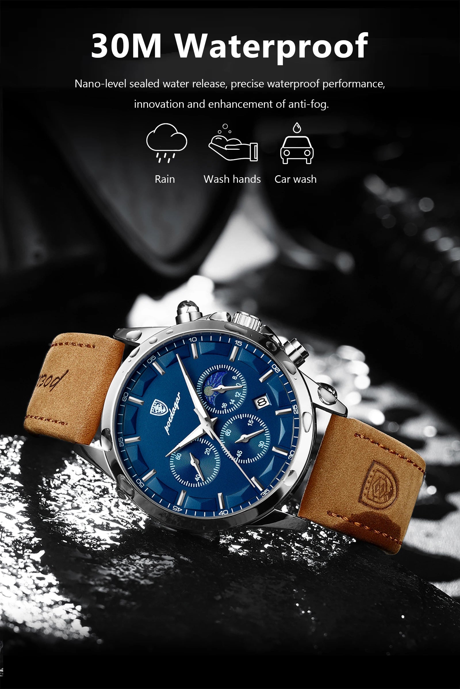 POEDAGAR Fashion Original Men's Watches Leather Date Chronograph Quartz Watch for Man Waterproof Luminous Casual New Trend Watch
