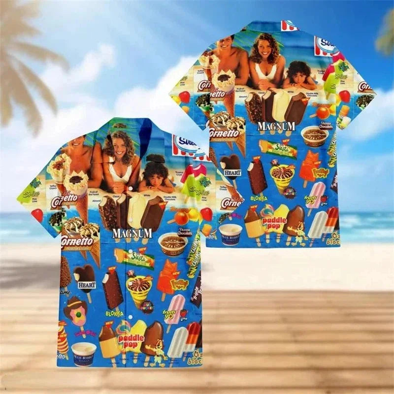 Cold Ice Cream Graphic Hawaiian Shirt For Men 3D Printed Popsicle Aloha Shirts Summer Short Sleeve Beach Lapel Blouse Tops