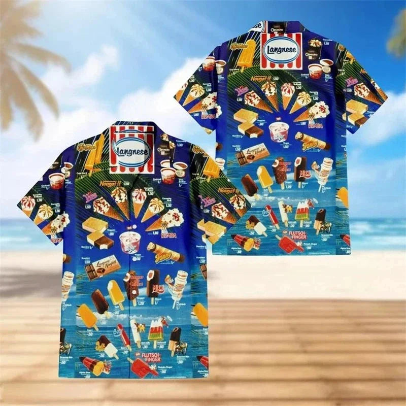 Cold Ice Cream Graphic Hawaiian Shirt For Men 3D Printed Popsicle Aloha Shirts Summer Short Sleeve Beach Lapel Blouse Tops