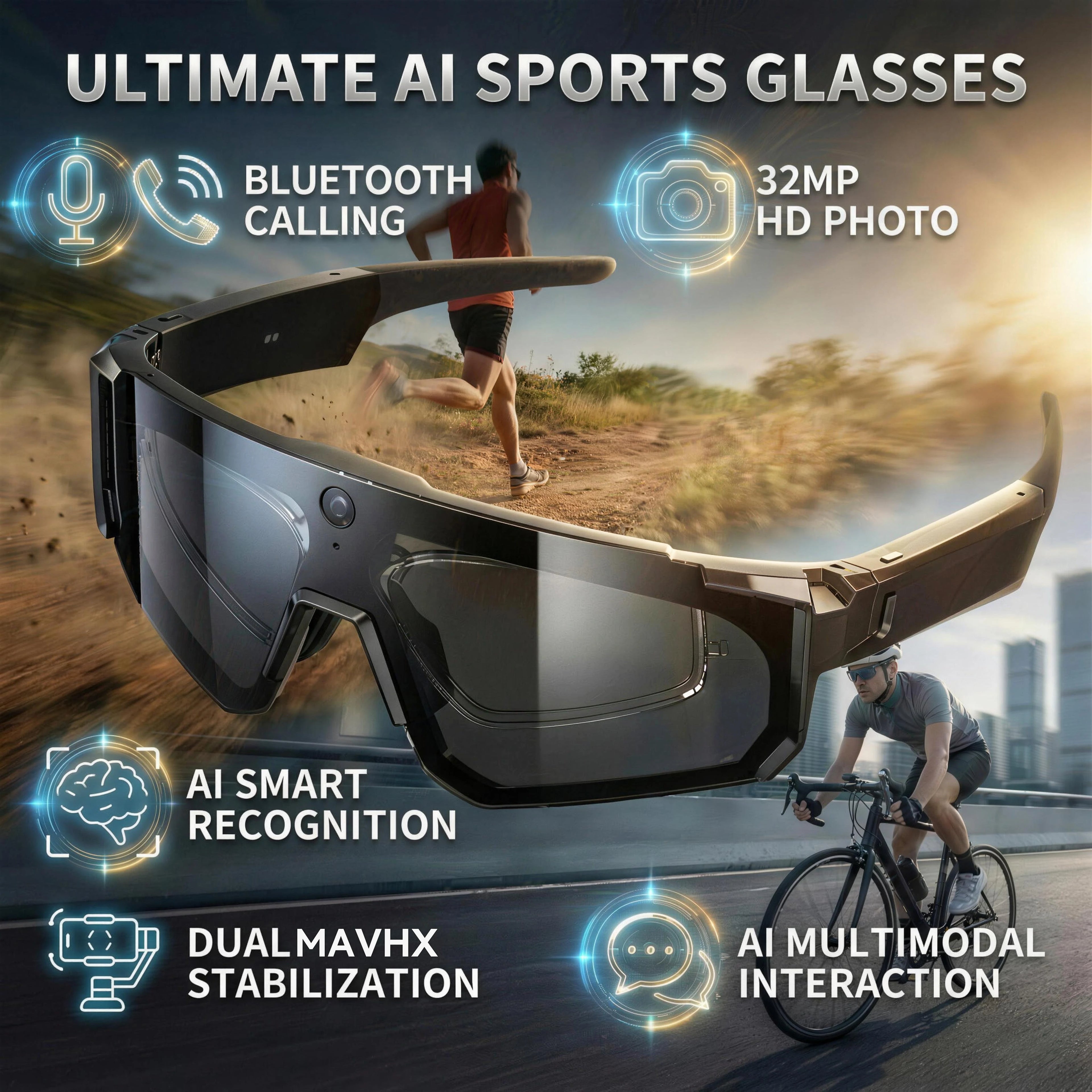 1200P Video Recording Smart Glasses AI Voice Control Translation Bluetooth Sunglasses Polarized Anti-Shake Outdoor Sport Eyewear