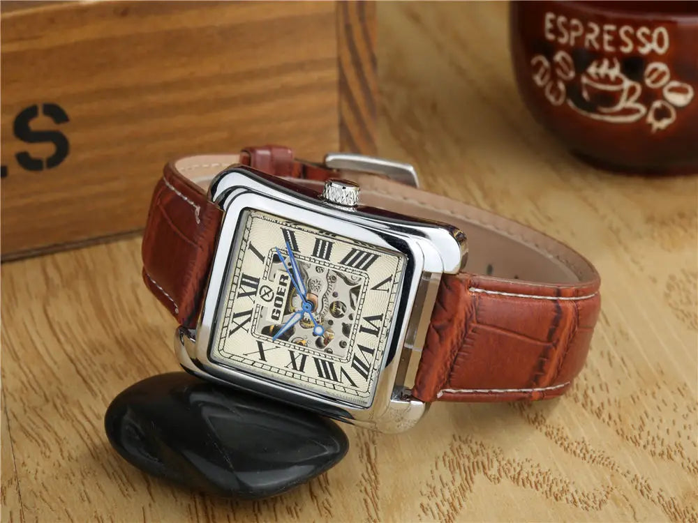 Fashion Square Watch Men Mechanical Watches T-GOER Leather Band Skeleton Automatic Mechanical Wristwatches Relogio Masculino