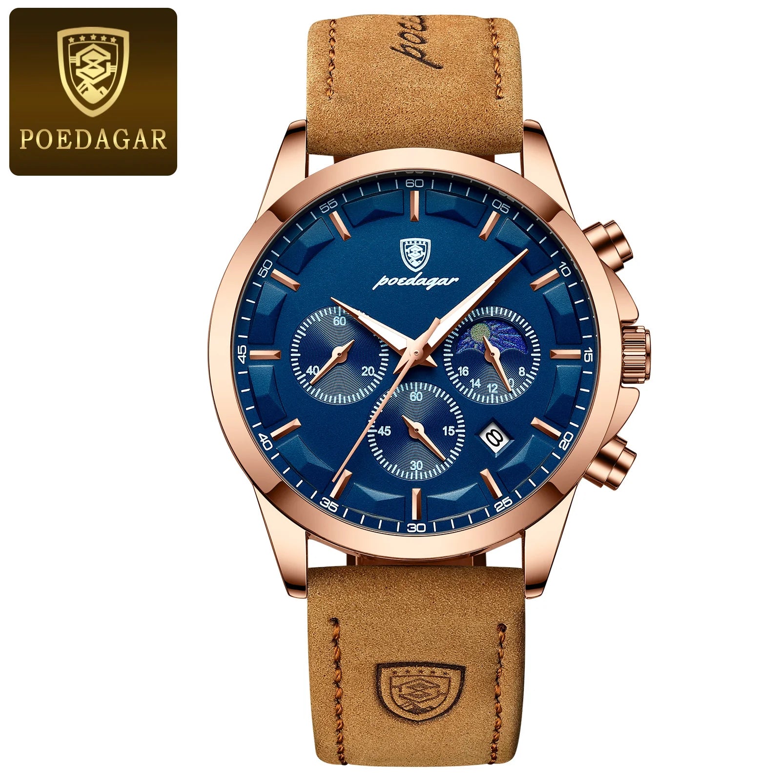 POEDAGAR Fashion Original Men's Watches Leather Date Chronograph Quartz Watch for Man Waterproof Luminous Casual New Trend Watch