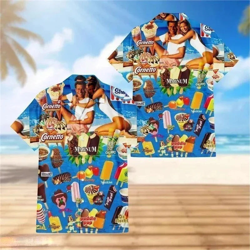 Cold Ice Cream Graphic Hawaiian Shirt For Men 3D Printed Popsicle Aloha Shirts Summer Short Sleeve Beach Lapel Blouse Tops