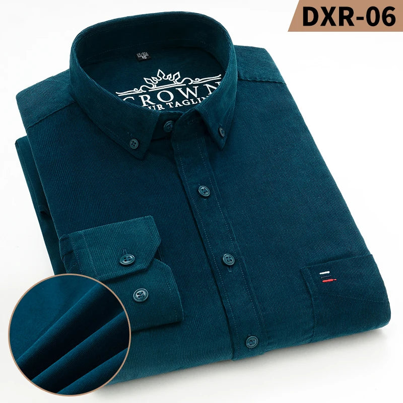 Autumn Winter Men Long Sleeve Regular Fit Business    Solid Corduroy100%  Cotton Casual Shirt for Mens Office Shirts with Pocket