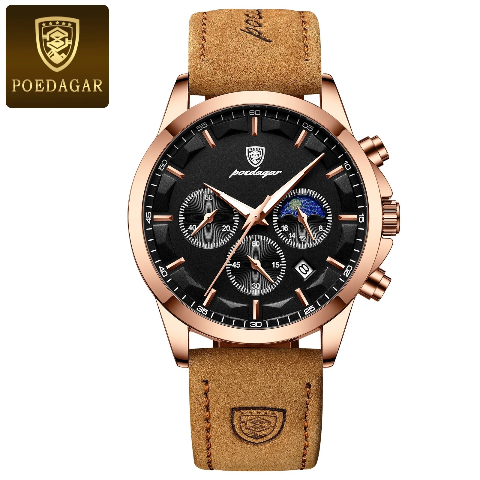 POEDAGAR Fashion Original Men's Watches Leather Date Chronograph Quartz Watch for Man Waterproof Luminous Casual New Trend Watch