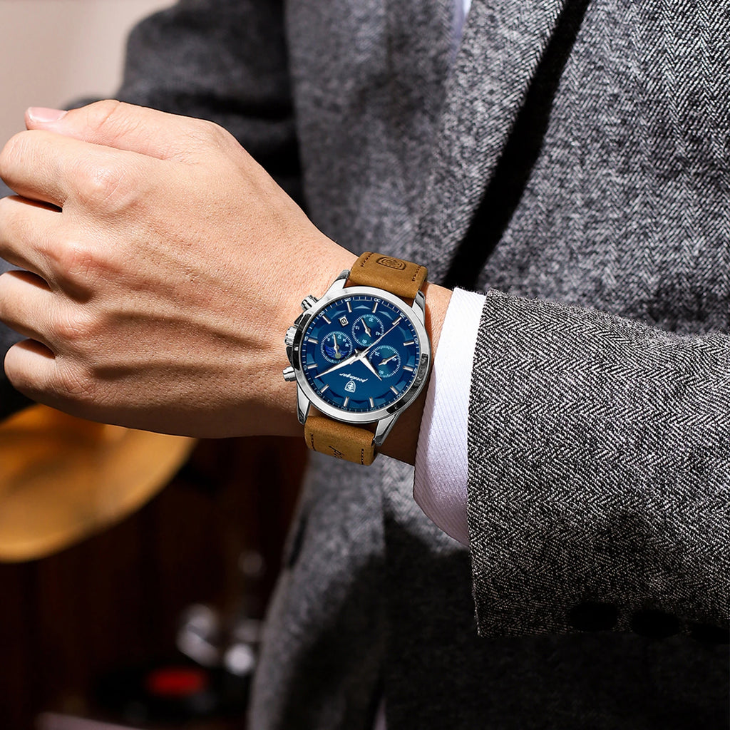 POEDAGAR Fashion Original Men's Watches Leather Date Chronograph Quartz Watch for Man Waterproof Luminous Casual New Trend Watch