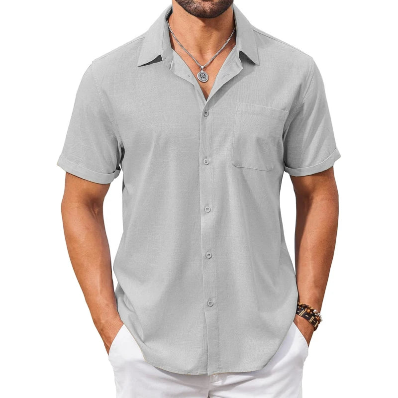 Summer Men's Cotton Short Sleeve Shirt Vintage Casual Beach T-shirt Breathable Oversize Streetwear Collar Tshirts with Pocket