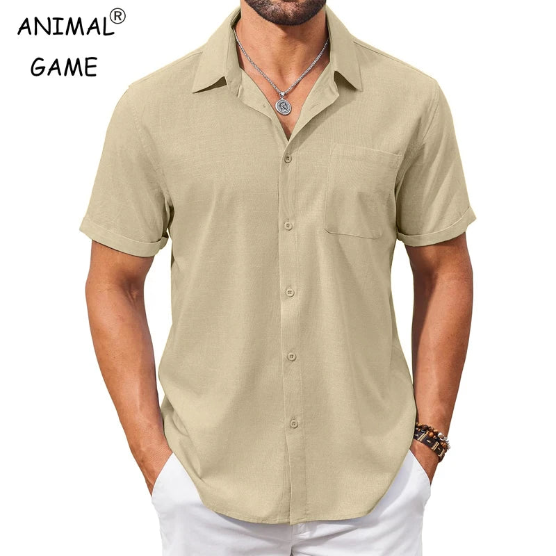 Summer Men's Cotton Short Sleeve Shirt Vintage Casual Beach T-shirt Breathable Oversize Streetwear Collar Tshirts with Pocket