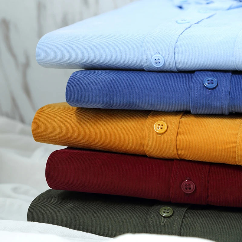 Autumn Winter Men Long Sleeve Regular Fit Business    Solid Corduroy100%  Cotton Casual Shirt for Mens Office Shirts with Pocket