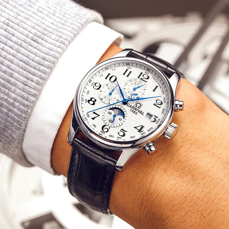 CARNIVAL Moon Phase Date Men's Watches Luxury Brand Automatic Mechanical Watch Men Business Leather Clock Reloj Hombre