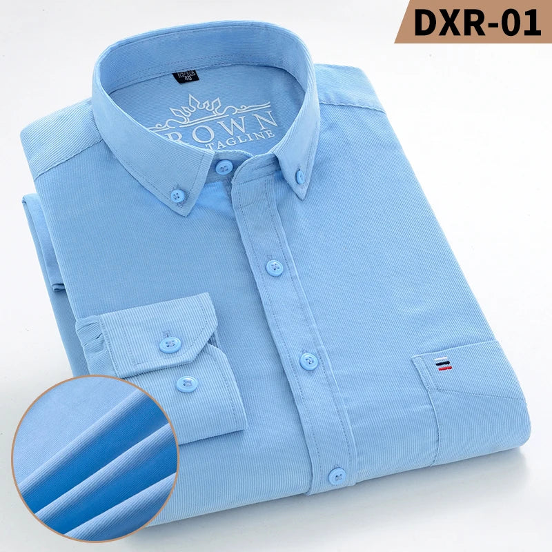 Autumn Winter Men Long Sleeve Regular Fit Business    Solid Corduroy100%  Cotton Casual Shirt for Mens Office Shirts with Pocket