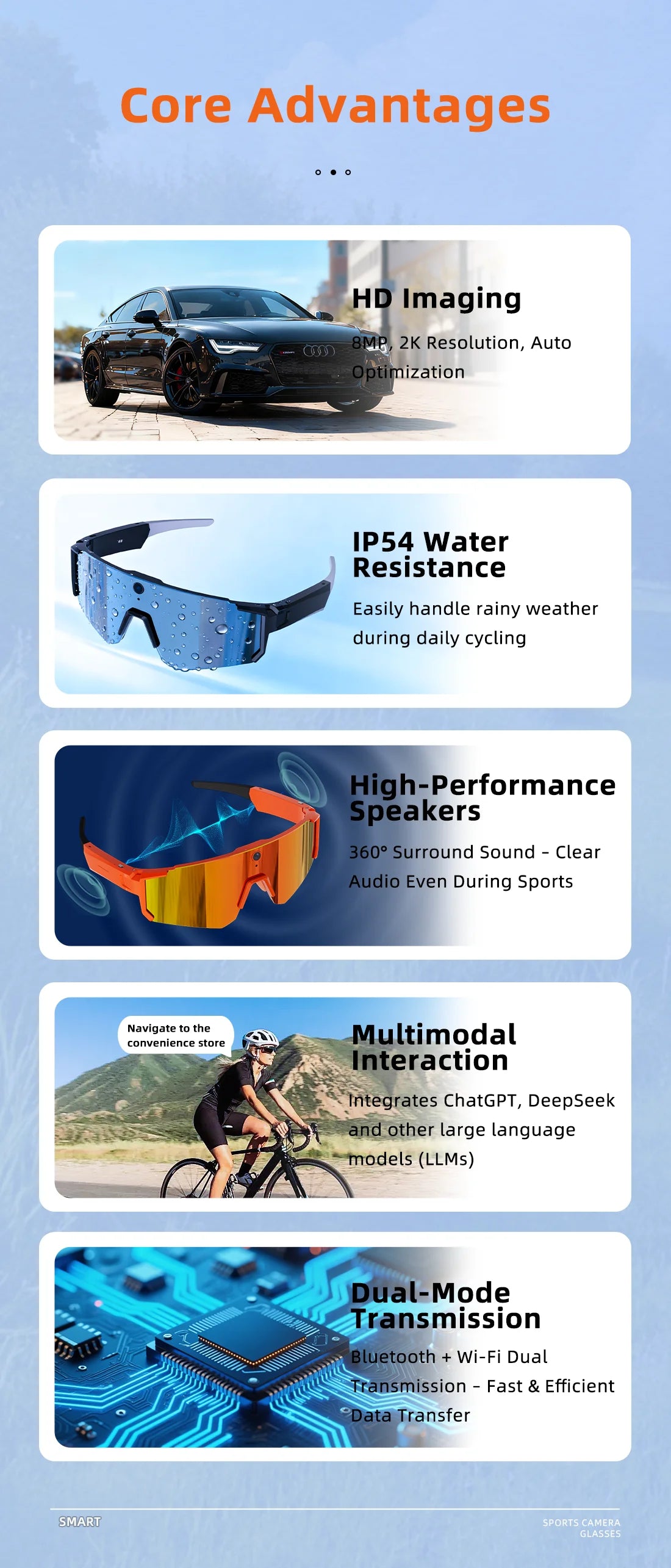 1200P Video Recording Smart Glasses AI Voice Control Translation Bluetooth Sunglasses Polarized Anti-Shake Outdoor Sport Eyewear