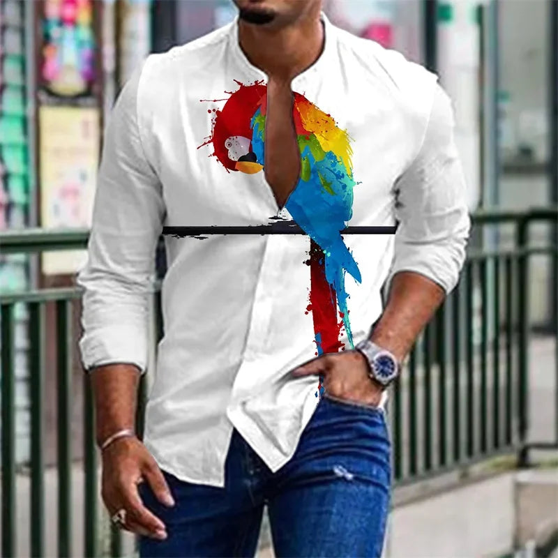 2023 New Men's Shirt Colorful Butterfly Parrot Print Short Sleeve Shirt Casual Men's Top Lapel Cardigan Shirt