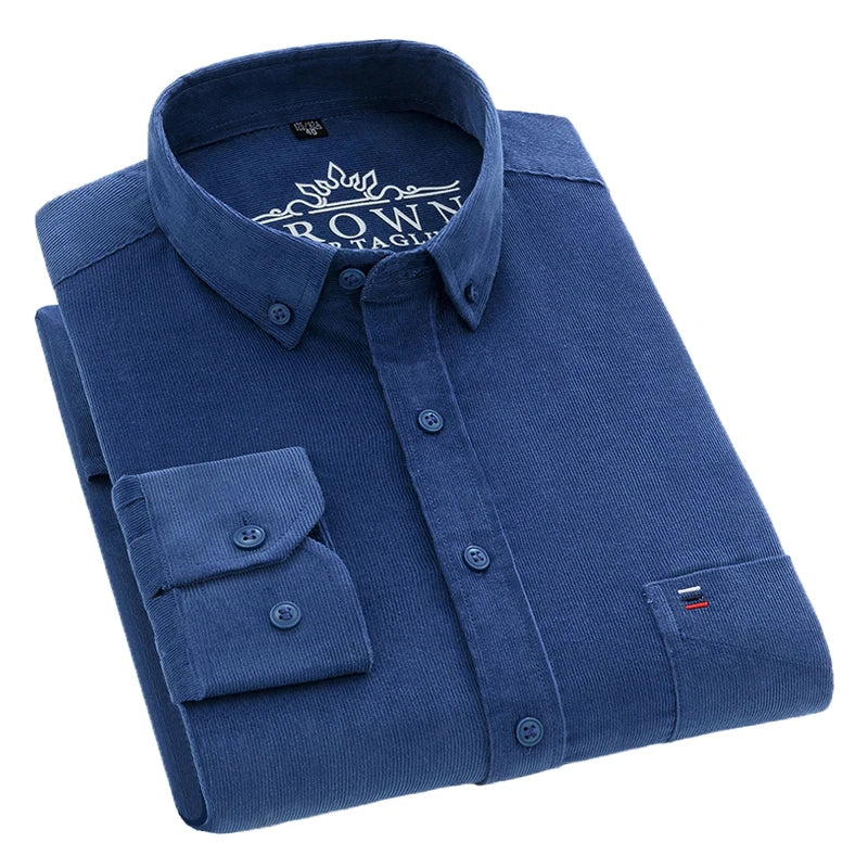 Autumn Winter Men Long Sleeve Regular Fit Business    Solid Corduroy100%  Cotton Casual Shirt for Mens Office Shirts with Pocket