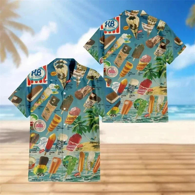 Cold Ice Cream Graphic Hawaiian Shirt For Men 3D Printed Popsicle Aloha Shirts Summer Short Sleeve Beach Lapel Blouse Tops