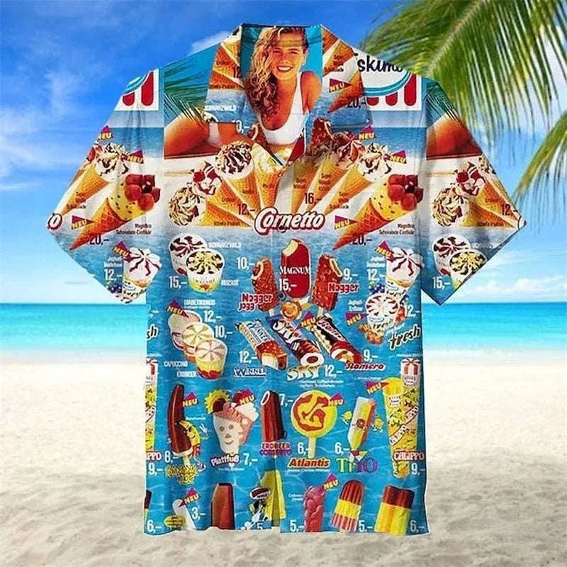 Cold Ice Cream Graphic Hawaiian Shirt For Men 3D Printed Popsicle Aloha Shirts Summer Short Sleeve Beach Lapel Blouse Tops